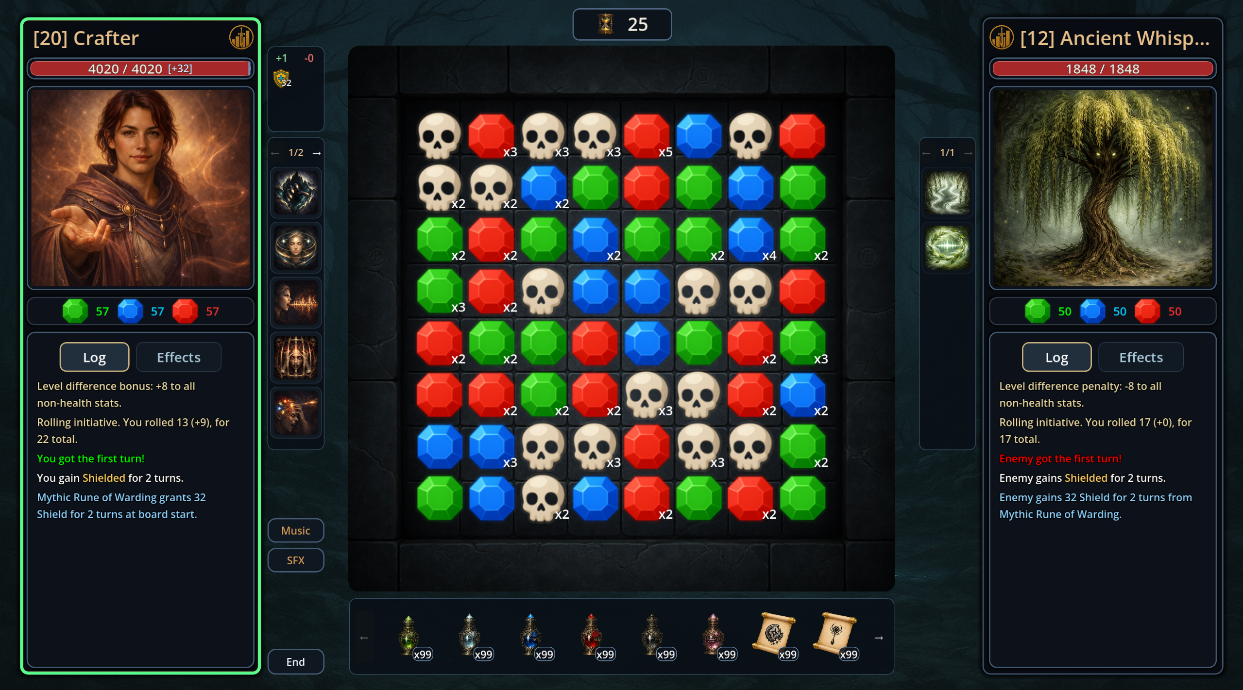 Mythmaker combat board with gems, skull tiles, player panel, enemy panel, and inventory bar.