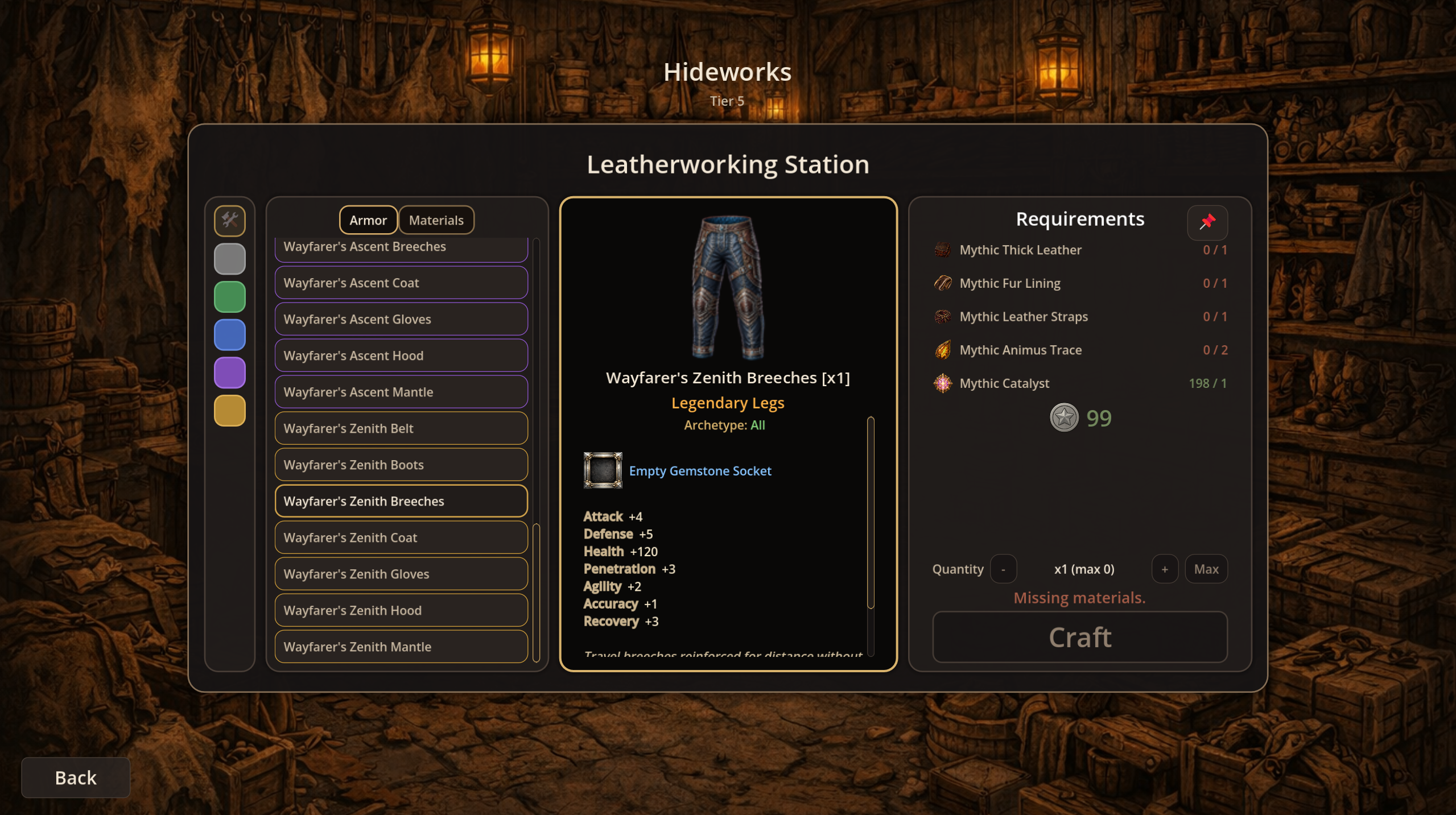 Mythmaker leatherworking station showing a legendary item and crafting requirements.