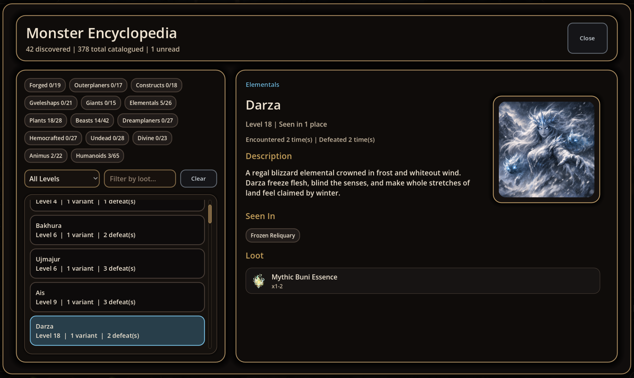 Mythmaker monster encyclopedia screen showing a creature entry with stats and details.
