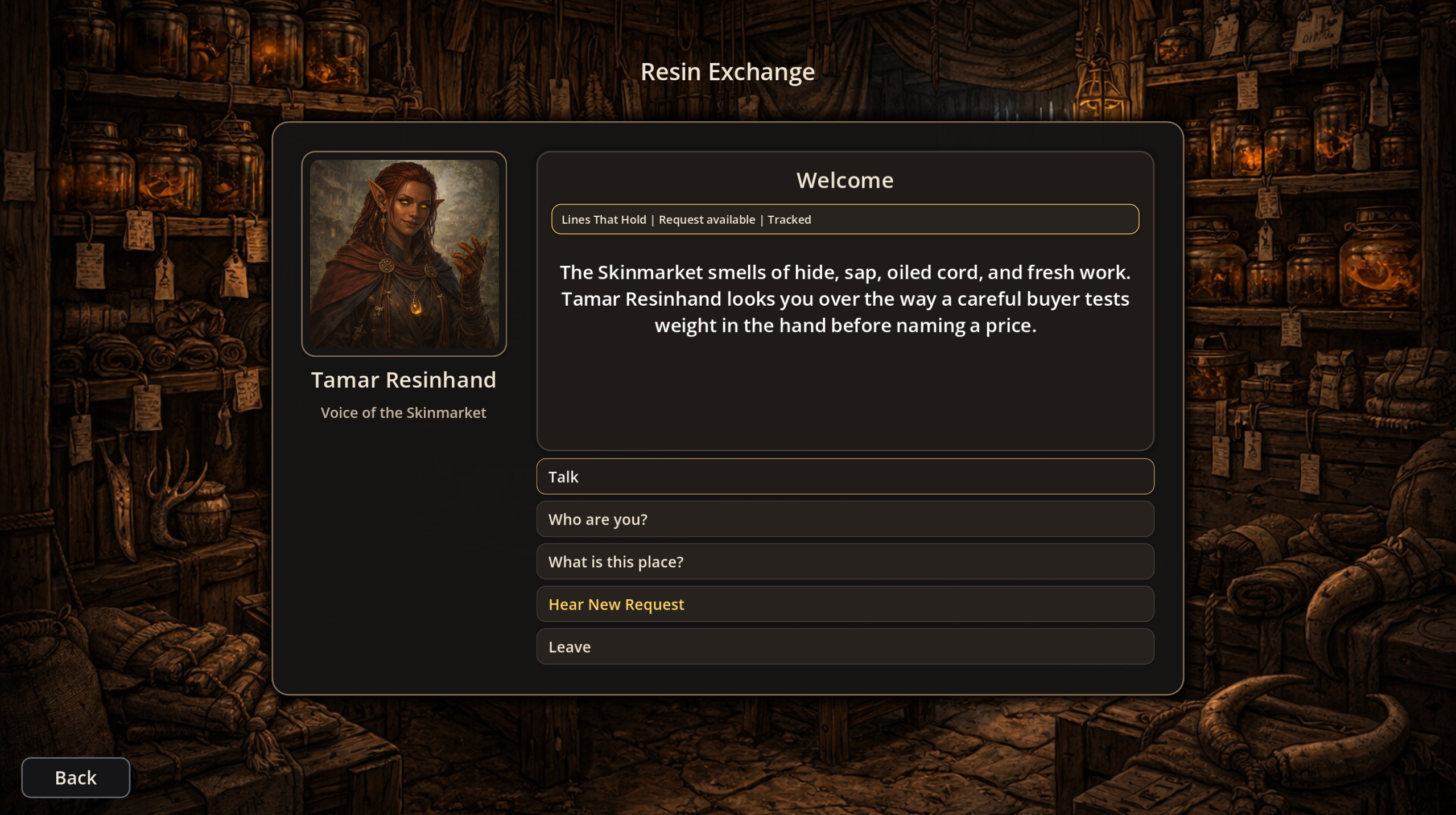Mythmaker NPC dialogue screen with Tamar Resinhand in the Resin Exchange.