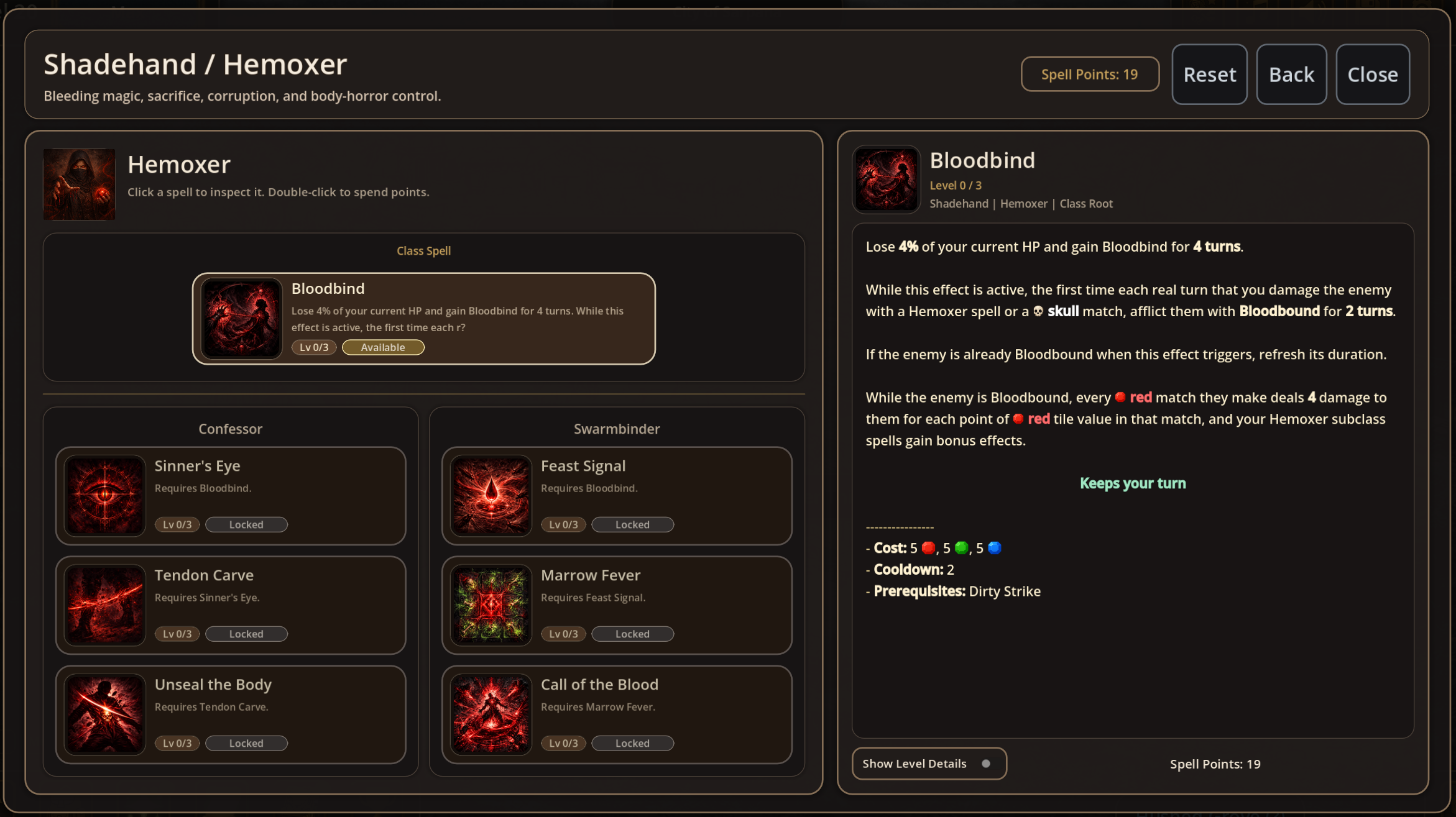 Mythmaker Hemoxer spell tree with Bloodbind selected and spell details on the side.